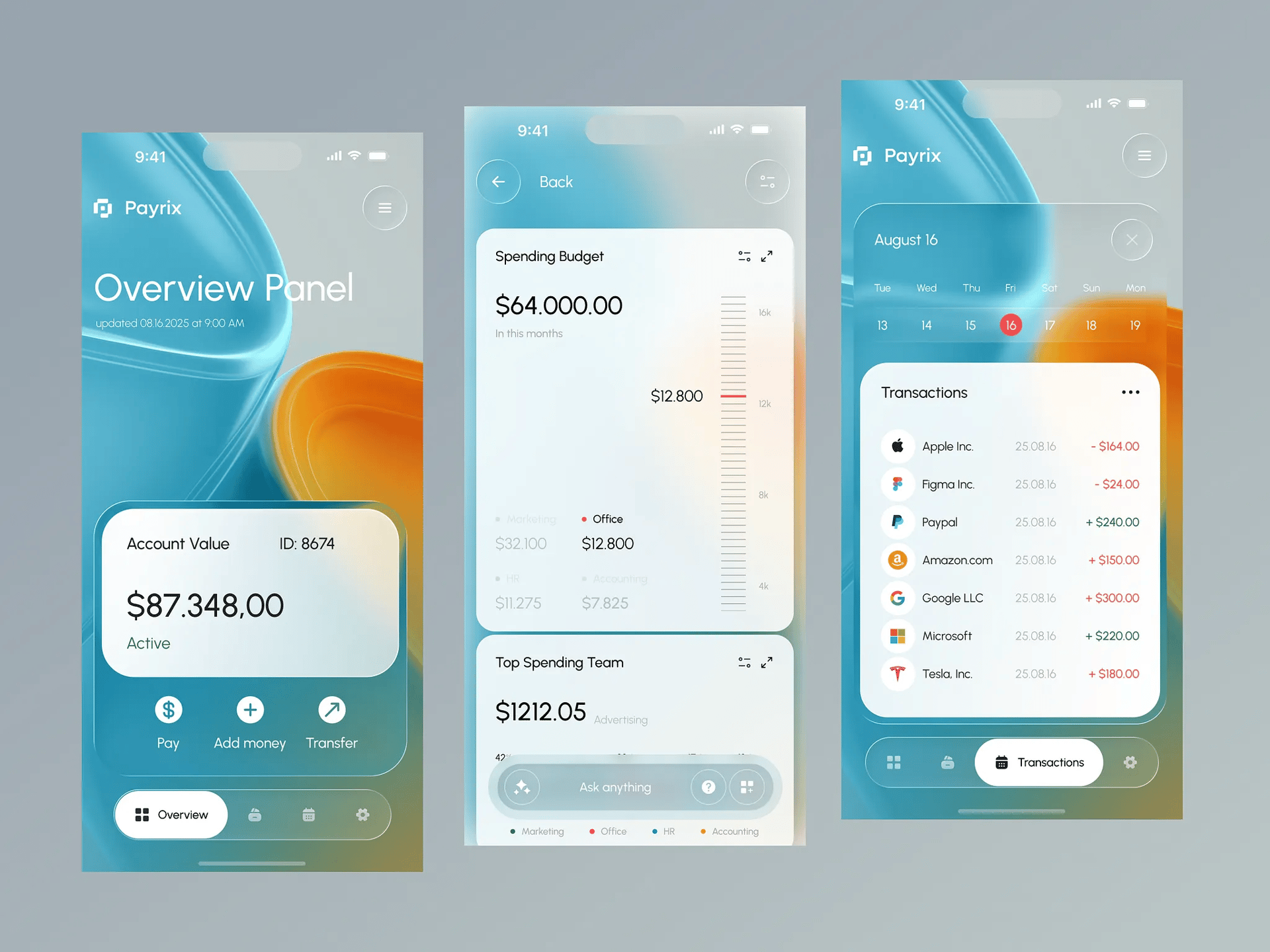 Payrix SaaS – Mobile Finance Dashboard by Jack R. — liquid glass ui reference