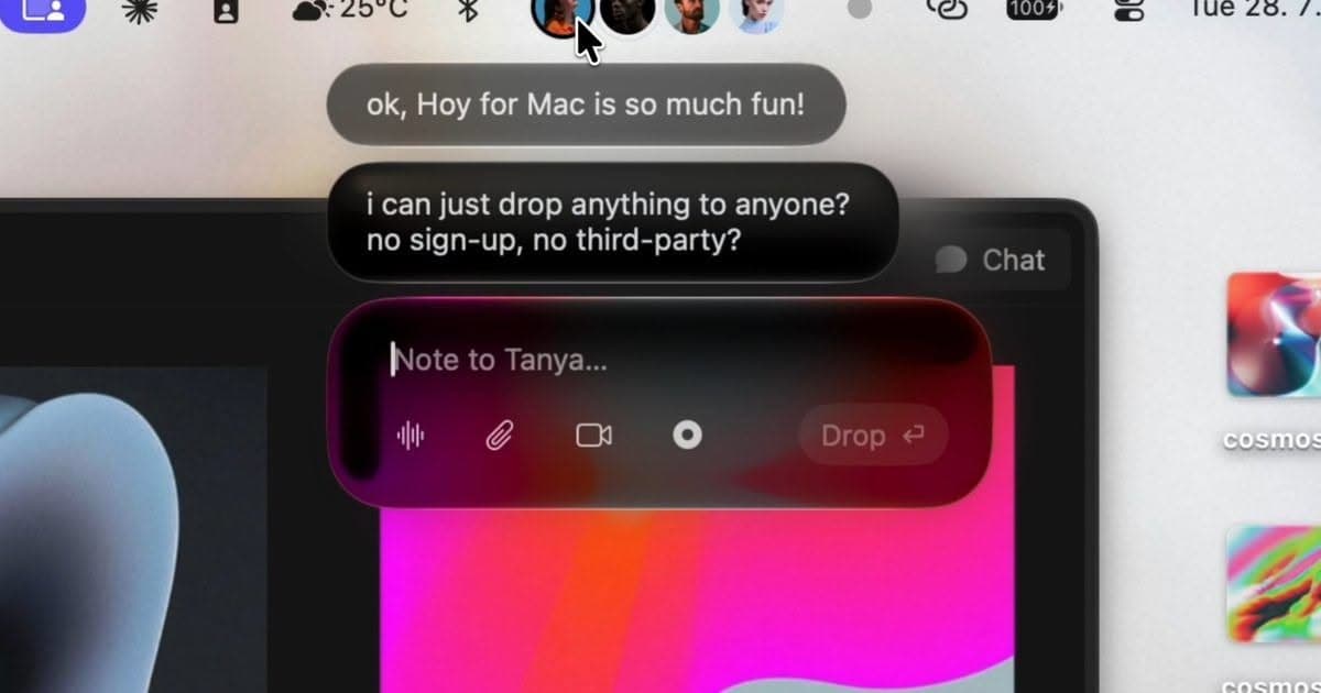 Hoy combines AirDrop, Loom, and voice messages in the Mac menu bar by Digital Trends — liquid glass ui reference