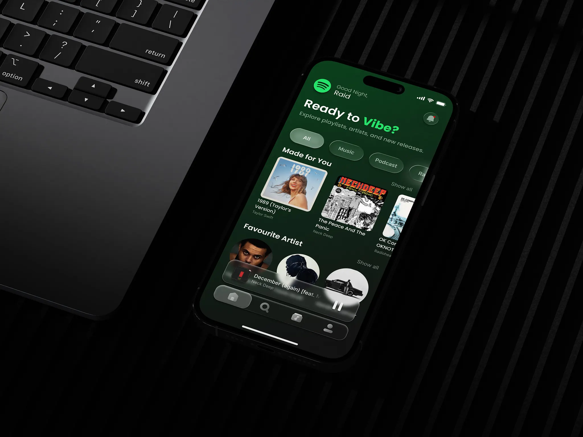 Spotify 2026 UI Redesign — Liquid Glass Concept by Mahdivikia Raid Apuilla — liquid glass ui reference